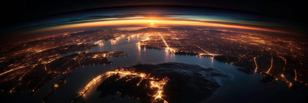 A Spectacular and Stunning Landscape: A Sunset from Height and a Night Planet Surface Generated by AIの素材