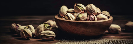 Closeup Image of Pistachios in a Wooden Bowl AI Generatedの素材