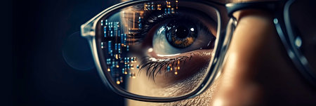 Cyber Reflection of Technology Industry on Man's Glasses AI Generatedの素材