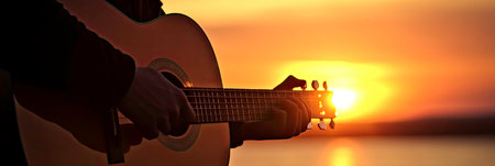 Sunset Musician with Acoustic Guitar AI Generatedの素材
