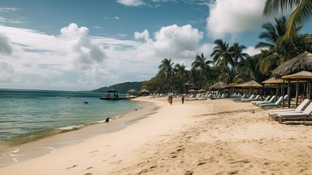 Beautiful tropical beach with sun loungers and umbrellasの素材