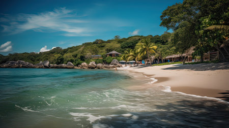 Tropical beach with palm trees and bungalows at Seychellesの素材