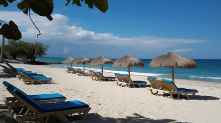 Sunbeds and umbrellas on a tropical beach in Cayo Largo, Cubaの素材