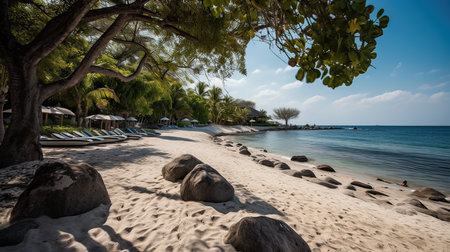 Beautiful tropical beach with sunbeds and umbrellas.の素材