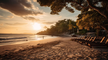 Tropical beach with sunbeds and palm trees at sunsetの素材