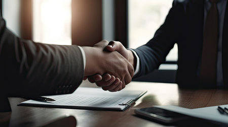 Businessman shaking hands with his partner after signing a contract in officeの素材