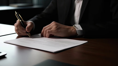 Businessman signing contract at table in office, closeup. Signing contractの素材