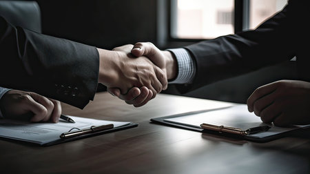 Business people shaking hands, finishing up a meeting. Handshake concept.の素材