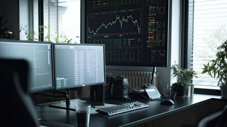 Stock market trading graph on computer screen. Stock market financial graph on computer screen background. Business, finance and technology concept.の素材