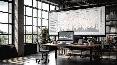 Modern office interior with computer monitor and city view. 3D Renderingの素材