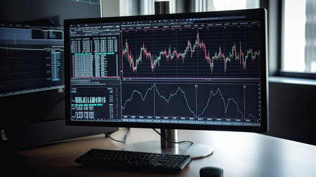Modern computer monitor with stock market data on screen. financial trading concept.の素材