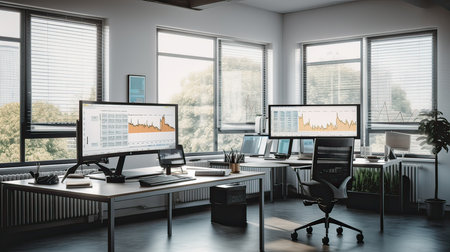 Modern coworking office interior with computers and city view. 3D Renderingの素材