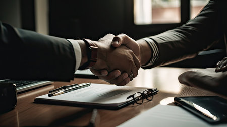 Business people shaking hands, finishing up a meeting. Handshake concept.の素材
