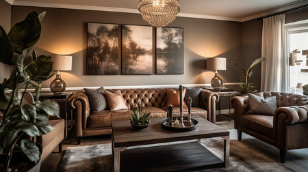 Luxury living room interior with brown leather sofa, coffee table and plantsの素材
