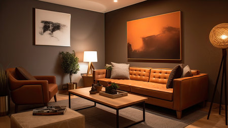 Living room interior with brown leather sofa and armchairs. 3d renderingの素材