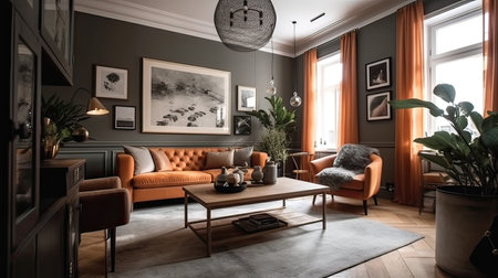 Living room interior with orange sofa, coffee table, armchair and plantsの素材