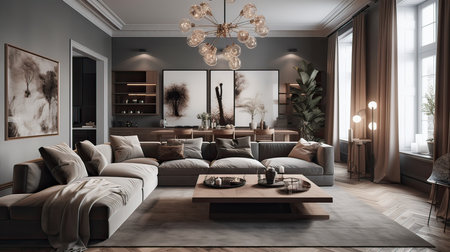 Living room interior design with brown sofa, coffee table and bookshelf. 3d renderingの素材