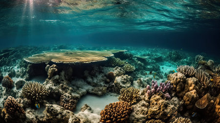Underwater view of the coral reef with hard corals and tropical fishの素材