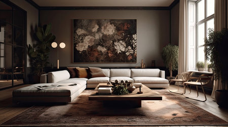 Modern living room interior design with brown sofa and coffee table. 3D Renderingの素材