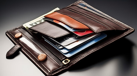 Brown leather wallet with credit cards and money on a dark background.の素材
