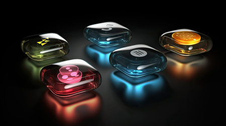 3d rendering of a set of dice with different symbols on itの素材