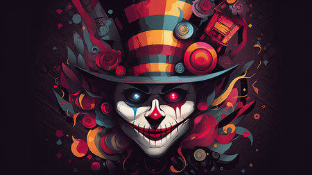 Vector illustration of a carnival mask with a top hat and colorful elements.の素材