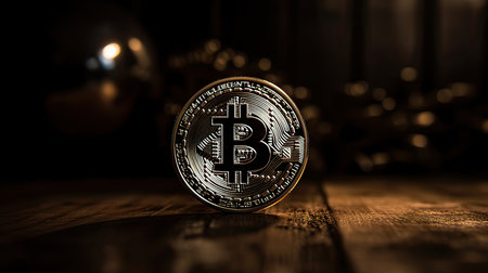 Gold bitcoin on wooden table. Cryptocurrency concept. 3D Renderingの素材