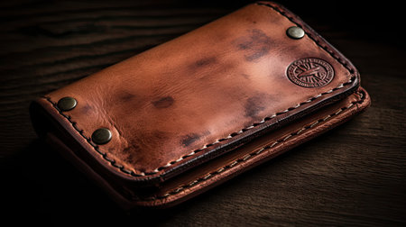 Brown leather wallet on a wooden background. selective focus. Toned.の素材