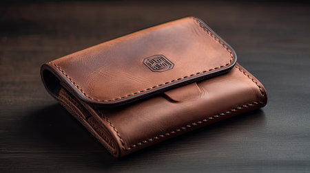 Brown leather wallet on black wooden background, close up. business and finance concept.の素材