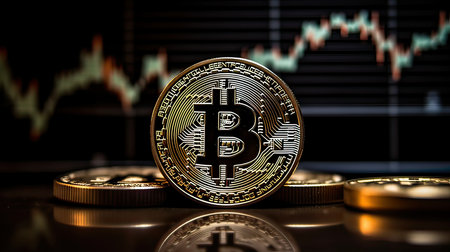 Bitcoin on the background of the cryptocurrency chart. close-up.の素材