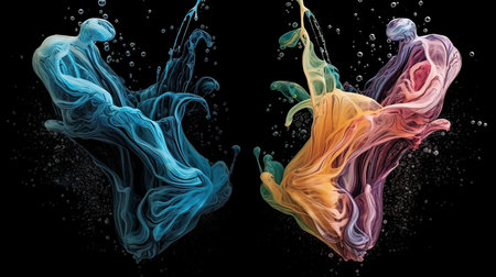 Set of abstract colorful paint splashes isolated on black background. 3d renderingの素材