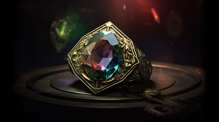 Vinyl record with magic crystal on dark background. 3d illustrationの素材