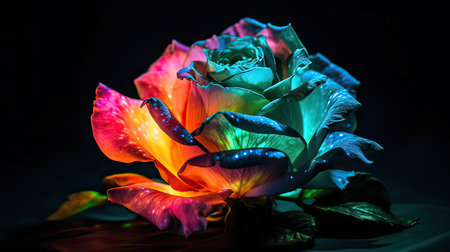 Beautiful multicolored rose on a black backgroundの素材