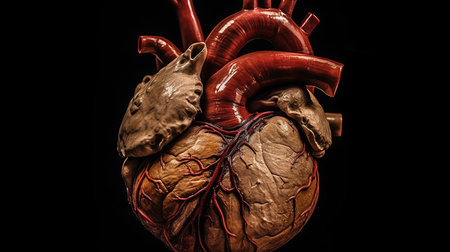 Human heart anatomy on a black background. 3d render illustration.の素材