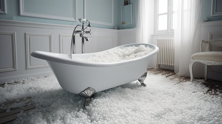 3d render of bathtub with foam in modern bathroom with sunlightの素材