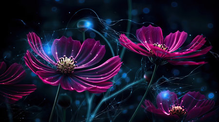 Cosmos flowers on a dark background. 3d rendering, 3d illustration.の素材