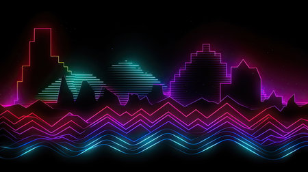 Neon city skyline background. vector illustration. neon skyline.の素材