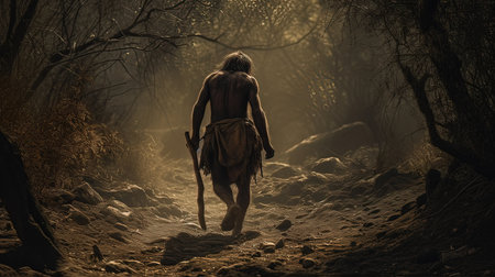 Ancient caveman in the dark forest. 3d render illustration.の素材