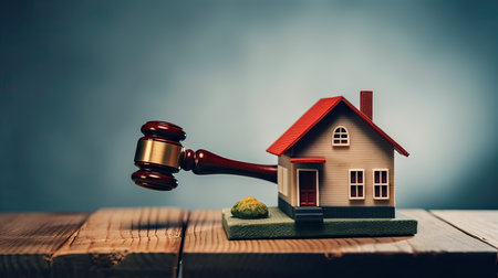 Gavel and house on wooden background. Law and justice concept.の素材