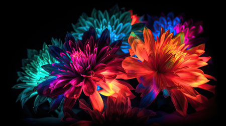 Colorful chrysanthemum flowers on a black background.の素材