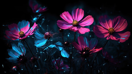 Beautiful cosmos flowers in the field at night with blue light.の素材