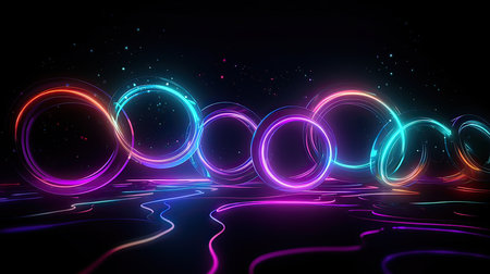 abstract background with glowing neon circles and lines. 3d renderingの素材