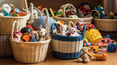 Colorful toys in wicker baskets on a wooden floor. selective focus.の素材