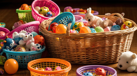 Easter basket full of colorful eggs and teddy bears on wooden backgroundの素材