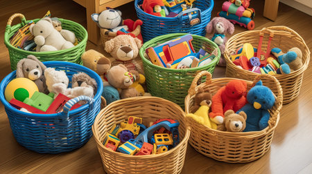 Children's toys in a basket on a wooden floor in a children's roomの素材