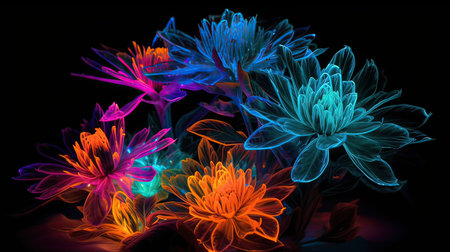 colorful dahlia flowers on a black background in neon lightの素材