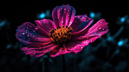 Beautiful pink cosmos flower with dew drops on black background.の素材