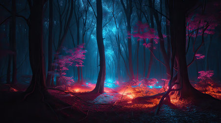 Foggy forest at night with bonfire, 3d renderingの素材