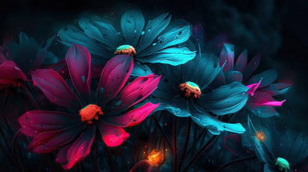 Beautiful fantasy flowers on a dark background. 3D illustration.の素材