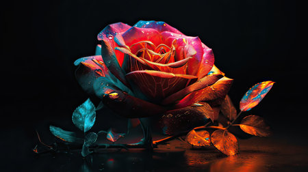 beautiful multicolored rose on a dark background close-upの素材